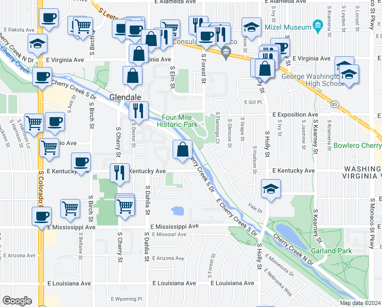 map of restaurants, bars, coffee shops, grocery stores, and more near 5048 East Cherry Creek South Drive in Glendale
