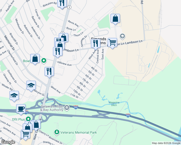 map of restaurants, bars, coffee shops, grocery stores, and more near 5th St in New Castle