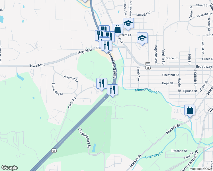 map of restaurants, bars, coffee shops, grocery stores, and more near 345 Clinic Road in Hannibal