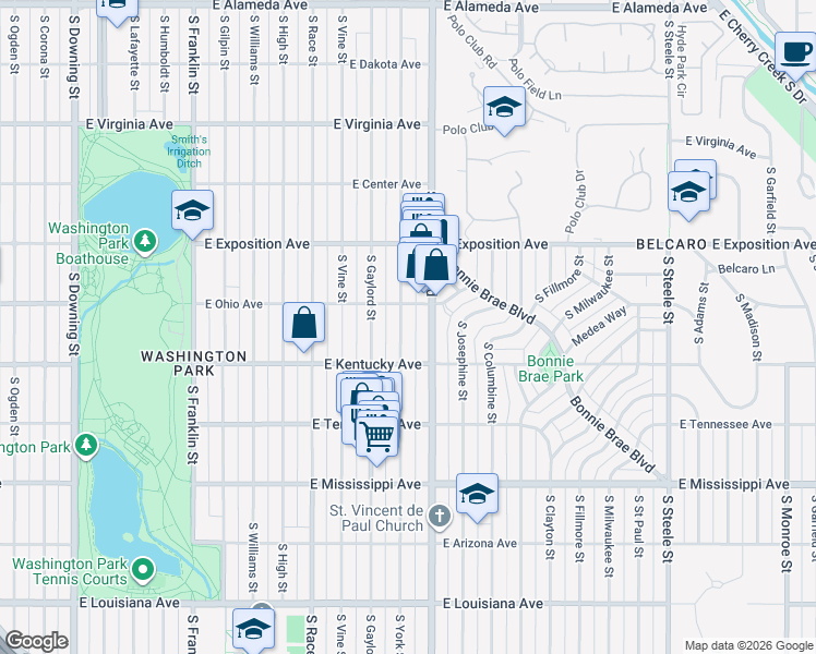map of restaurants, bars, coffee shops, grocery stores, and more near 834 South York Street in Denver