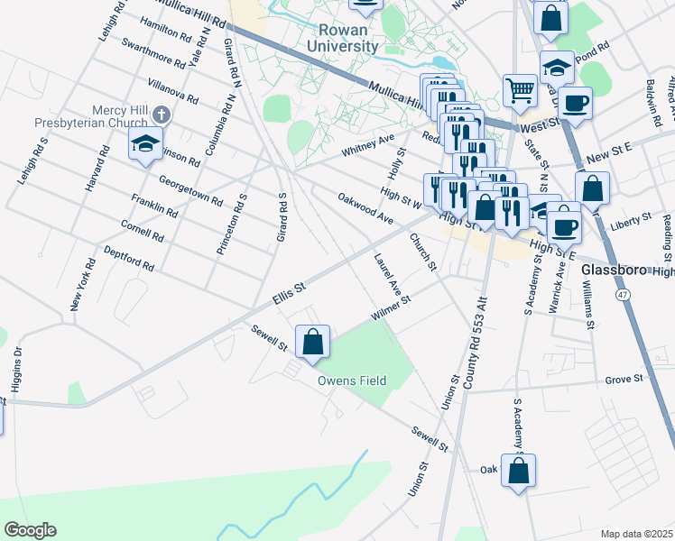 map of restaurants, bars, coffee shops, grocery stores, and more near 408 Ellis Street in Glassboro