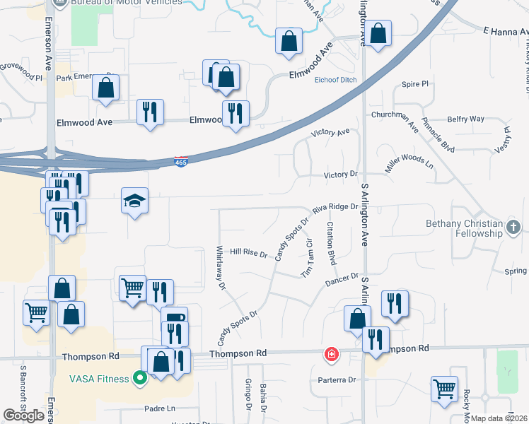 map of restaurants, bars, coffee shops, grocery stores, and more near 5616 Riva Ridge Drive in Indianapolis