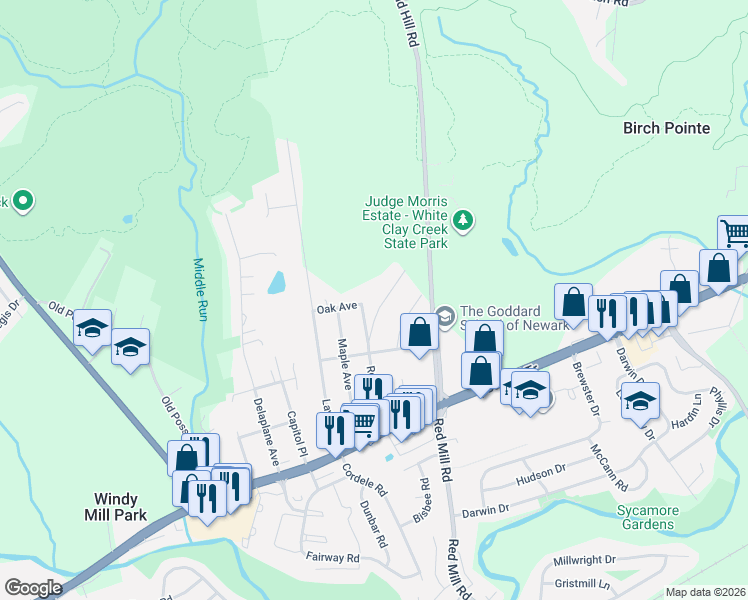 map of restaurants, bars, coffee shops, grocery stores, and more near 127 Rose Circle in Newark