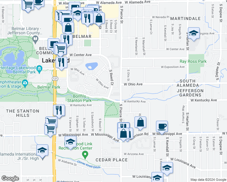 map of restaurants, bars, coffee shops, grocery stores, and more near 866 South Reed Court in Lakewood
