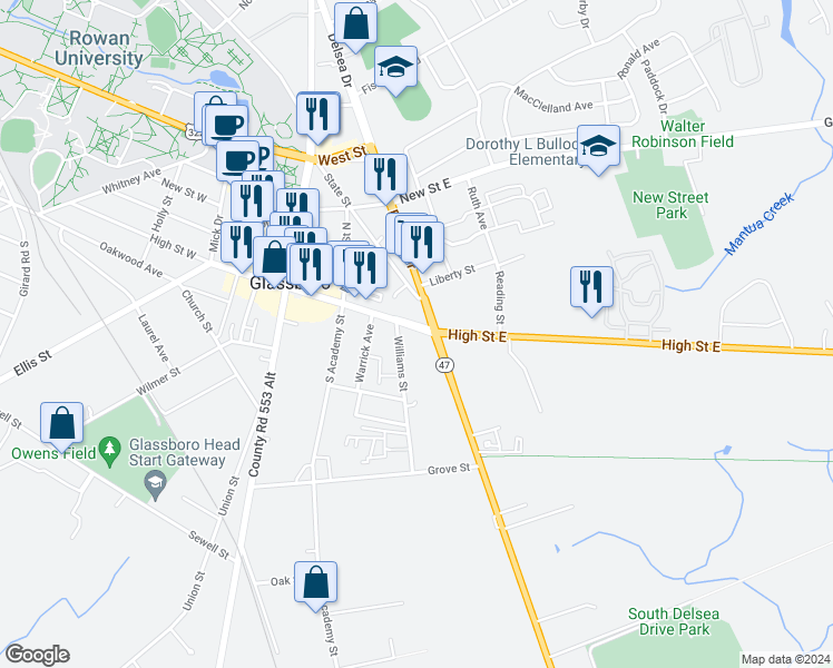 map of restaurants, bars, coffee shops, grocery stores, and more near 146 High Street East in Glassboro