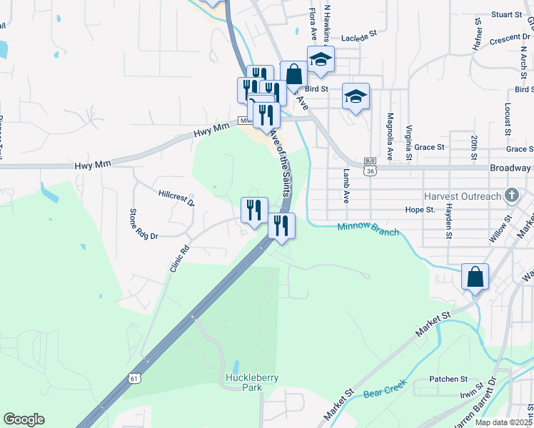 map of restaurants, bars, coffee shops, grocery stores, and more near 421 Clinic Road in Hannibal