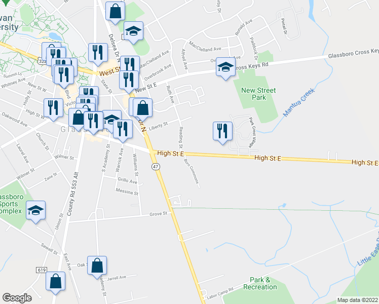 map of restaurants, bars, coffee shops, grocery stores, and more near 227 High Street East in Glassboro
