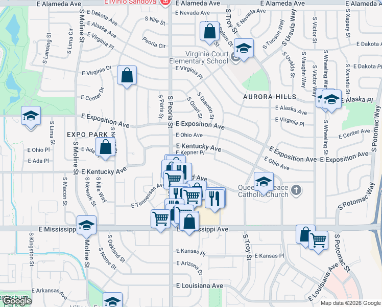 map of restaurants, bars, coffee shops, grocery stores, and more near 12163 East Kentucky Avenue in Aurora