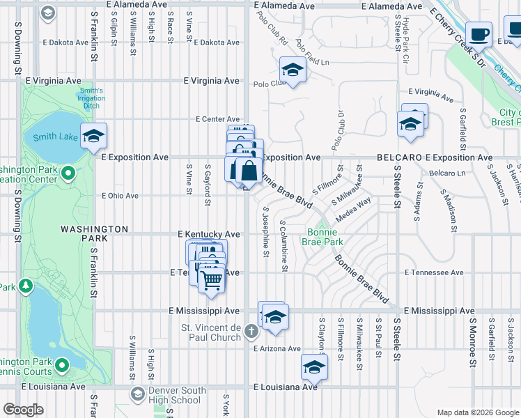map of restaurants, bars, coffee shops, grocery stores, and more near 831 South Josephine Street in Denver