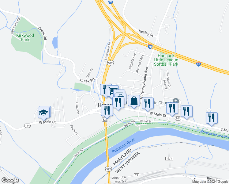 map of restaurants, bars, coffee shops, grocery stores, and more near 220 Jackson Street in Hancock