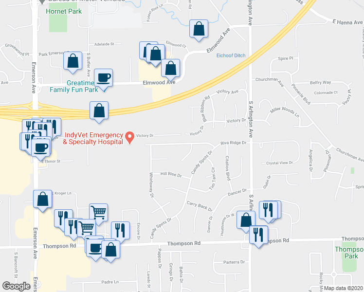 map of restaurants, bars, coffee shops, grocery stores, and more near 5616 Riva Ridge Drive in Indianapolis