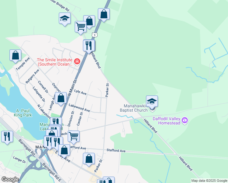 map of restaurants, bars, coffee shops, grocery stores, and more near 223 Hilliard Boulevard in Stafford Township