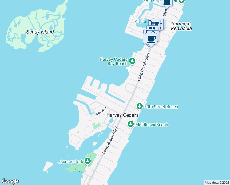 map of restaurants, bars, coffee shops, grocery stores, and more near 19 Warwick Avenue in Harvey Cedars