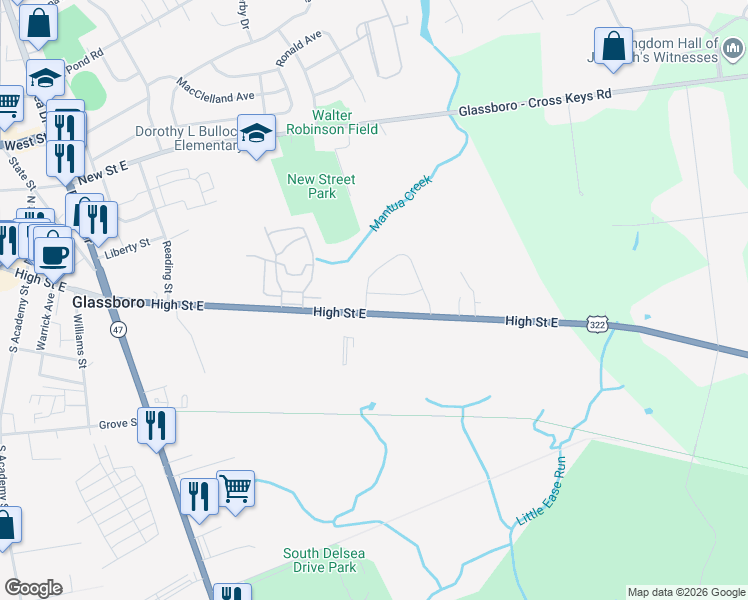 map of restaurants, bars, coffee shops, grocery stores, and more near 285 High Street East in Clayton