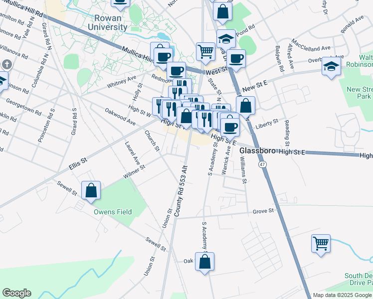 map of restaurants, bars, coffee shops, grocery stores, and more near 25C South Main Street in Glassboro