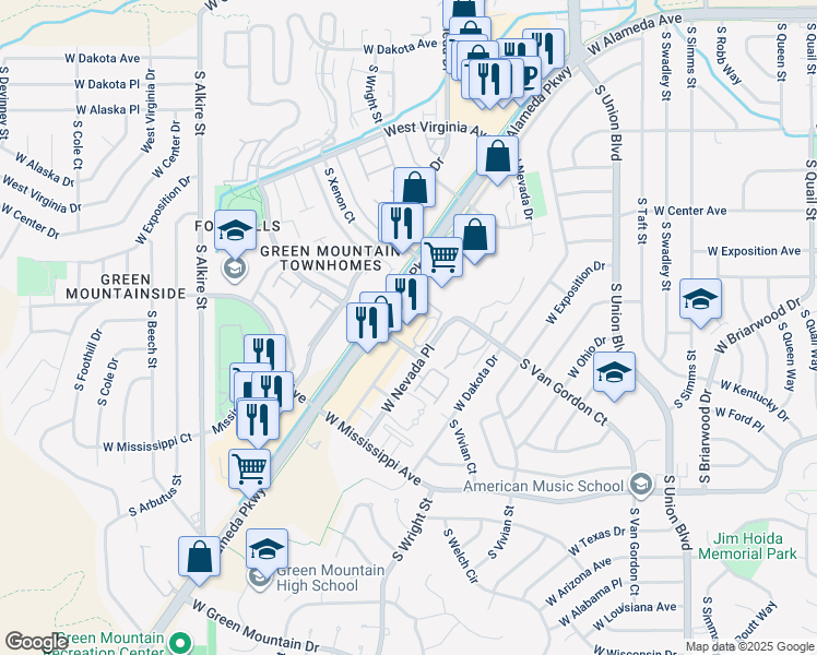 map of restaurants, bars, coffee shops, grocery stores, and more near 12790 West Alameda Parkway in Lakewood