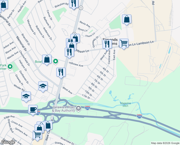 map of restaurants, bars, coffee shops, grocery stores, and more near 3 6th Street in New Castle