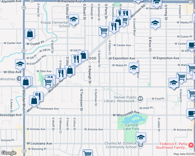 map of restaurants, bars, coffee shops, grocery stores, and more near 845 South Quitman Street in Denver