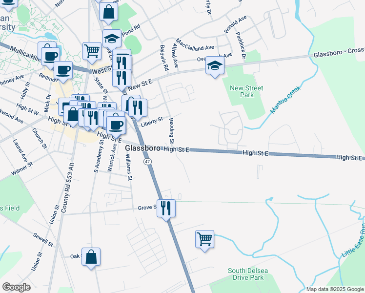 map of restaurants, bars, coffee shops, grocery stores, and more near 229 High Street East in Glassboro