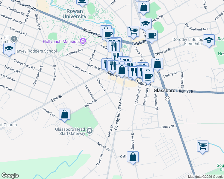 map of restaurants, bars, coffee shops, grocery stores, and more near 133 Oakwood Avenue in Glassboro