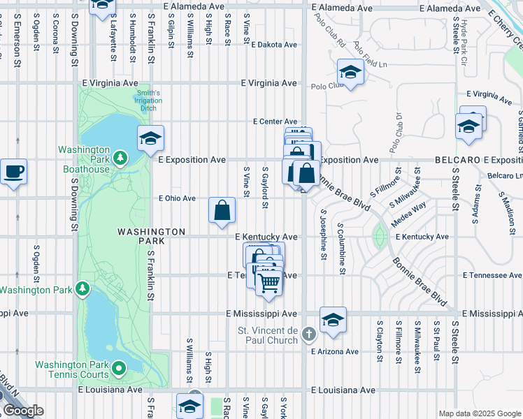 map of restaurants, bars, coffee shops, grocery stores, and more near 802 South Vine Street in Denver