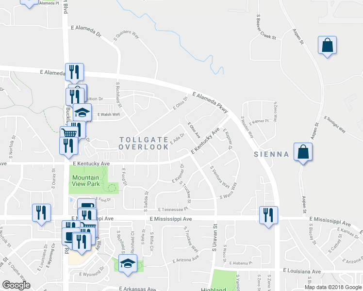 map of restaurants, bars, coffee shops, grocery stores, and more near 17866 East Ada Drive in Aurora