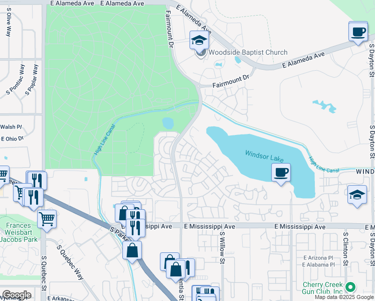 map of restaurants, bars, coffee shops, grocery stores, and more near 9071 East Mississippi Avenue in Denver