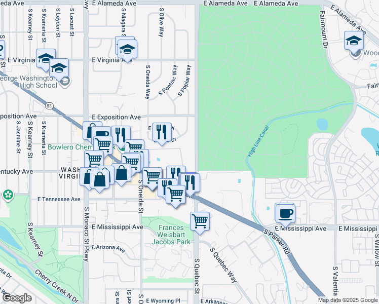 map of restaurants, bars, coffee shops, grocery stores, and more near 825 South Quebec Street in Denver