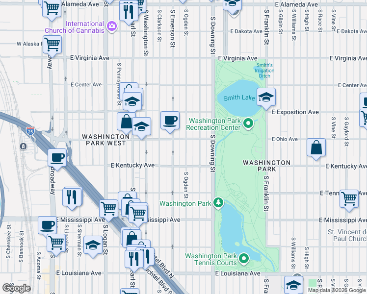 map of restaurants, bars, coffee shops, grocery stores, and more near 992 East Ohio Avenue in Denver