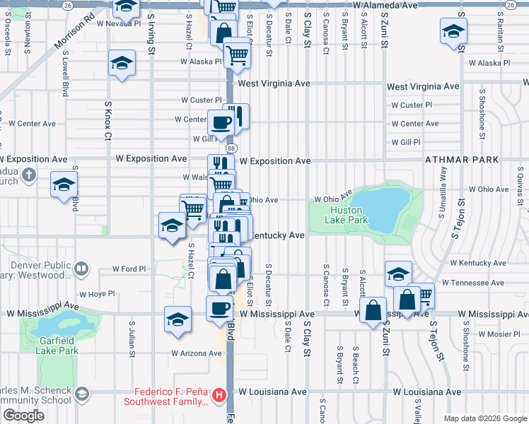 map of restaurants, bars, coffee shops, grocery stores, and more near 800 South Decatur Street in Denver