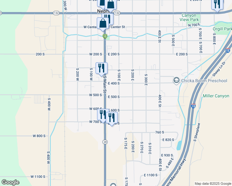 map of restaurants, bars, coffee shops, grocery stores, and more near 449 South 100 East in Nephi