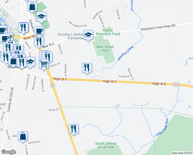 map of restaurants, bars, coffee shops, grocery stores, and more near Park Crest Village in Glassboro