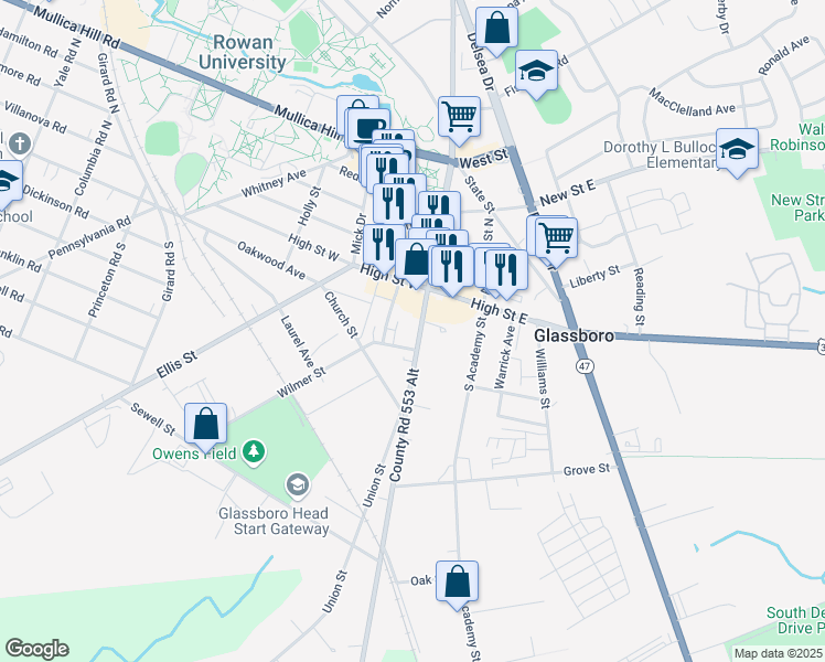 map of restaurants, bars, coffee shops, grocery stores, and more near 25C South Main Street in Glassboro