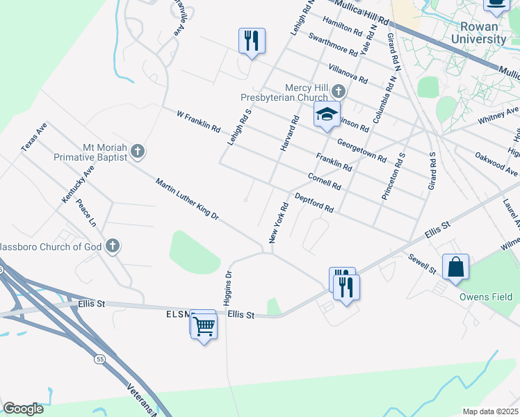 map of restaurants, bars, coffee shops, grocery stores, and more near 602 Maryland Road in Glassboro