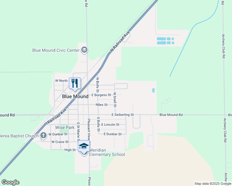 map of restaurants, bars, coffee shops, grocery stores, and more near 357-399 North Snell Street in Blue Mound