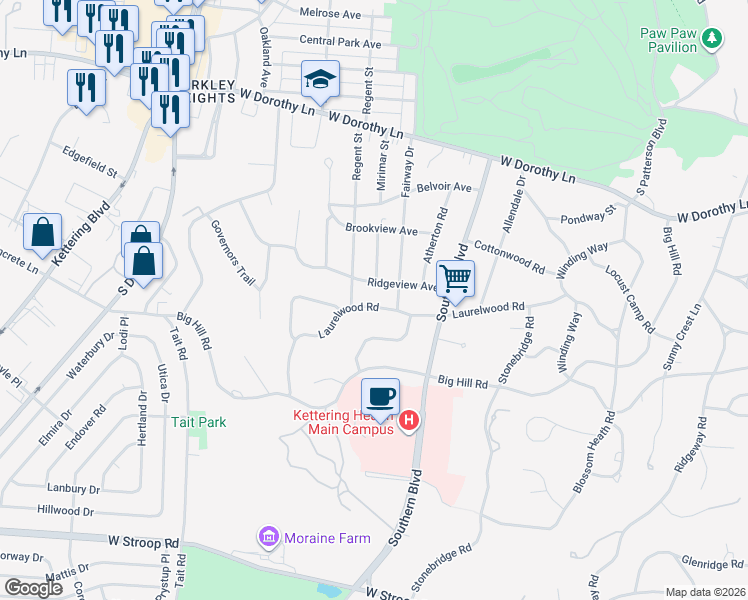 map of restaurants, bars, coffee shops, grocery stores, and more near 1208 Ridgeview Avenue in Dayton