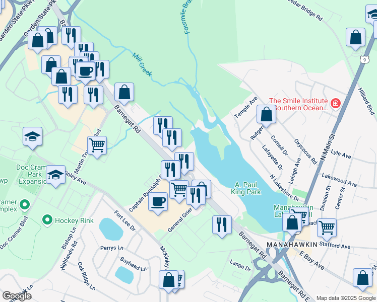 map of restaurants, bars, coffee shops, grocery stores, and more near 334 South Lakeshore Drive in Stafford Township