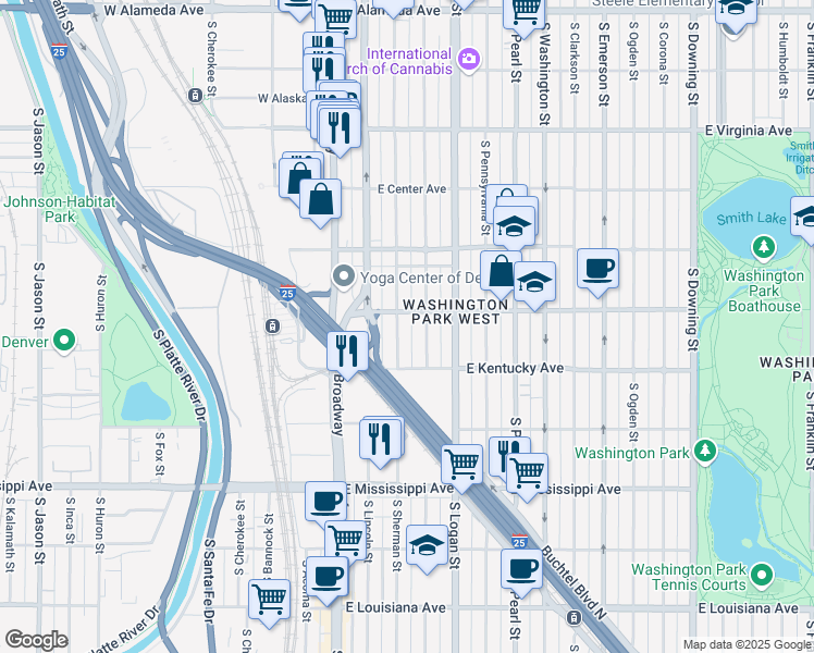 map of restaurants, bars, coffee shops, grocery stores, and more near 816 South Sherman Street in Denver