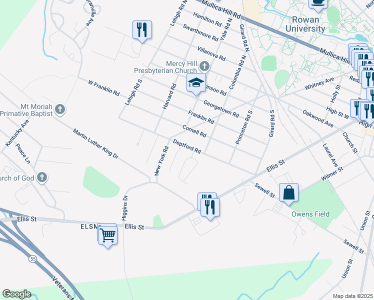 map of restaurants, bars, coffee shops, grocery stores, and more near 215 Deptford Road in Glassboro