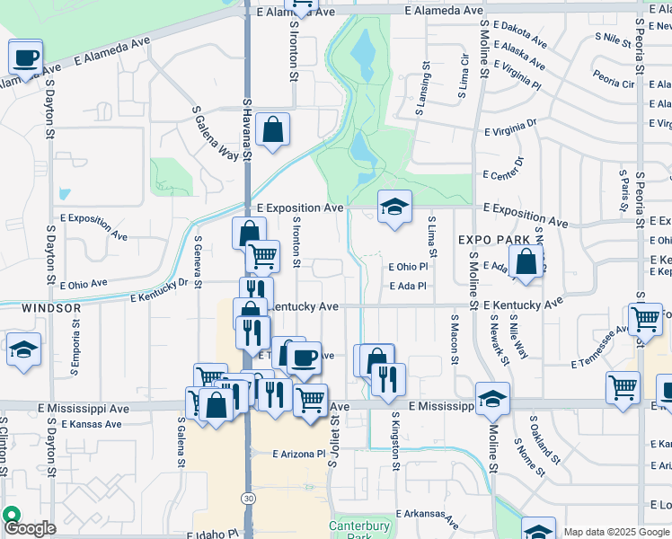 map of restaurants, bars, coffee shops, grocery stores, and more near 840 South Ironton Street in Aurora