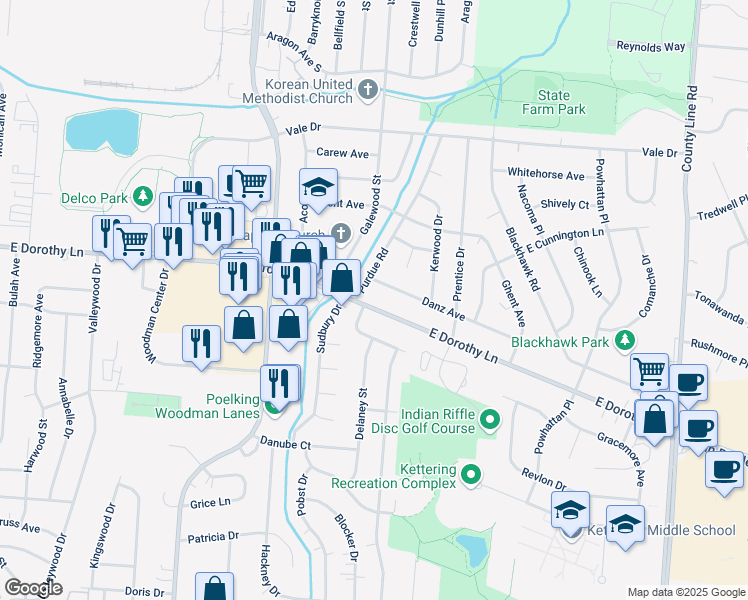 map of restaurants, bars, coffee shops, grocery stores, and more near 2473 East Dorothy Lane in Kettering