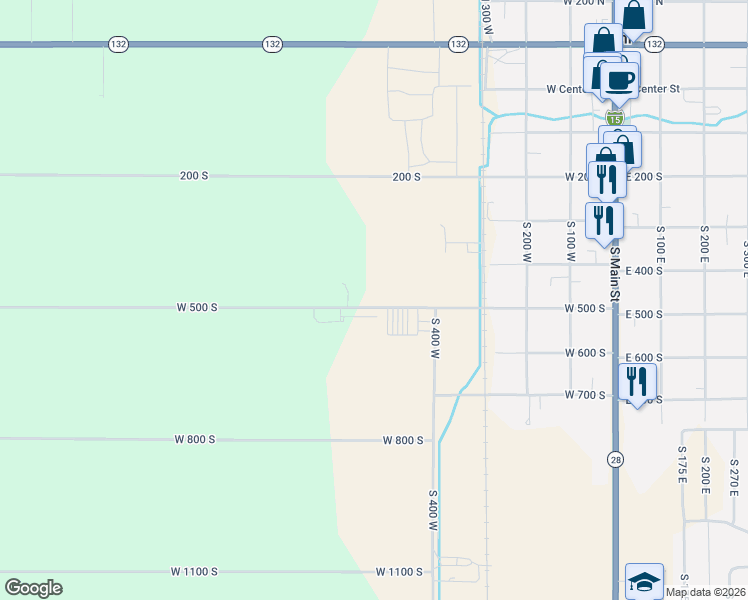 map of restaurants, bars, coffee shops, grocery stores, and more near 588 West 500 South in Nephi