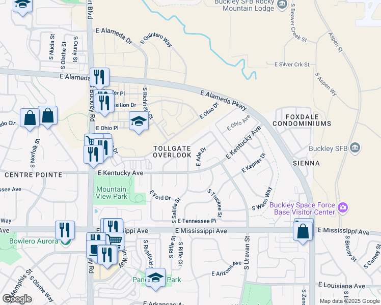 map of restaurants, bars, coffee shops, grocery stores, and more near 17614 East Ohio Circle in Aurora