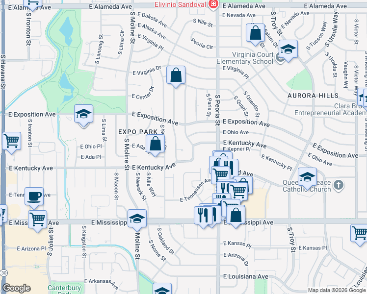 map of restaurants, bars, coffee shops, grocery stores, and more near 833 South Oswego Court in Aurora