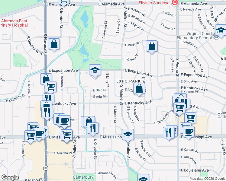 map of restaurants, bars, coffee shops, grocery stores, and more near 790 South Macon Way in Aurora