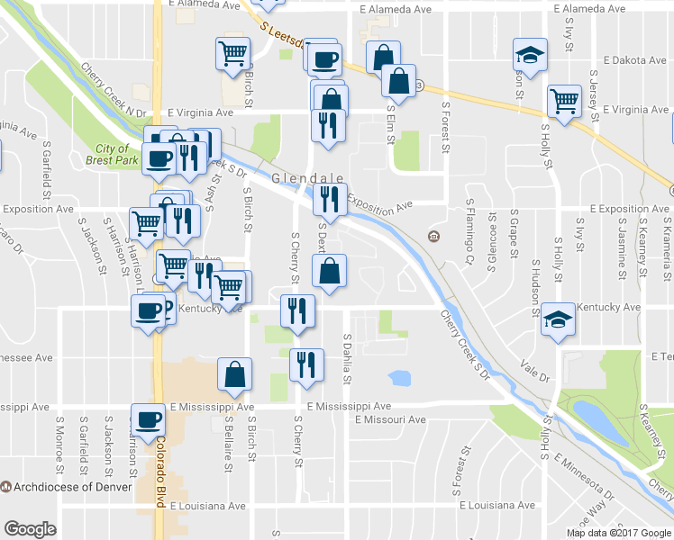 map of restaurants, bars, coffee shops, grocery stores, and more near 790 South Dexter Street in Denver