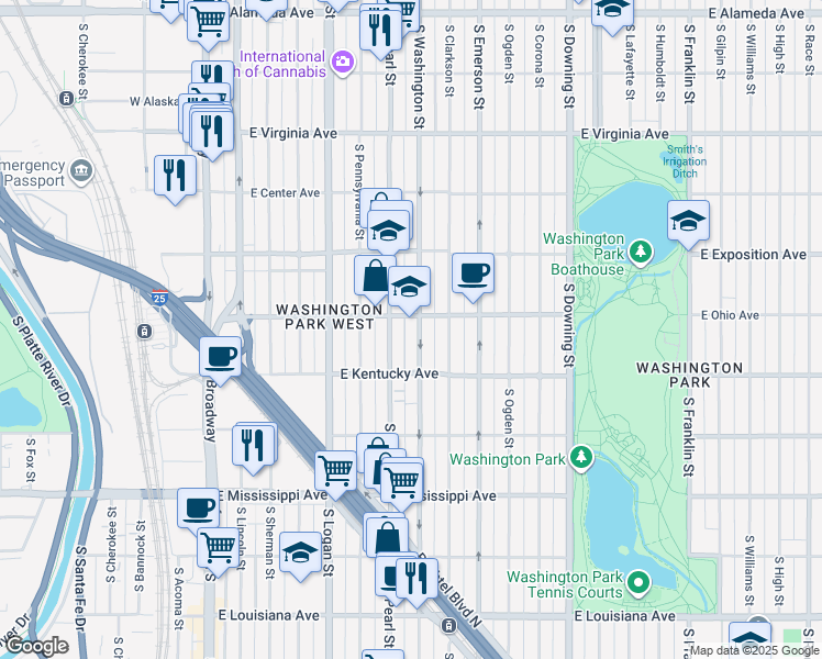 map of restaurants, bars, coffee shops, grocery stores, and more near 800 South Washington Street in Denver