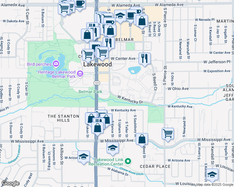map of restaurants, bars, coffee shops, grocery stores, and more near 7381 West Kentucky Drive in Lakewood