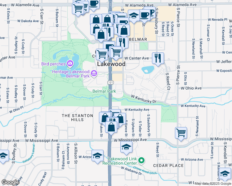 map of restaurants, bars, coffee shops, grocery stores, and more near 825 South Vance Street in Denver