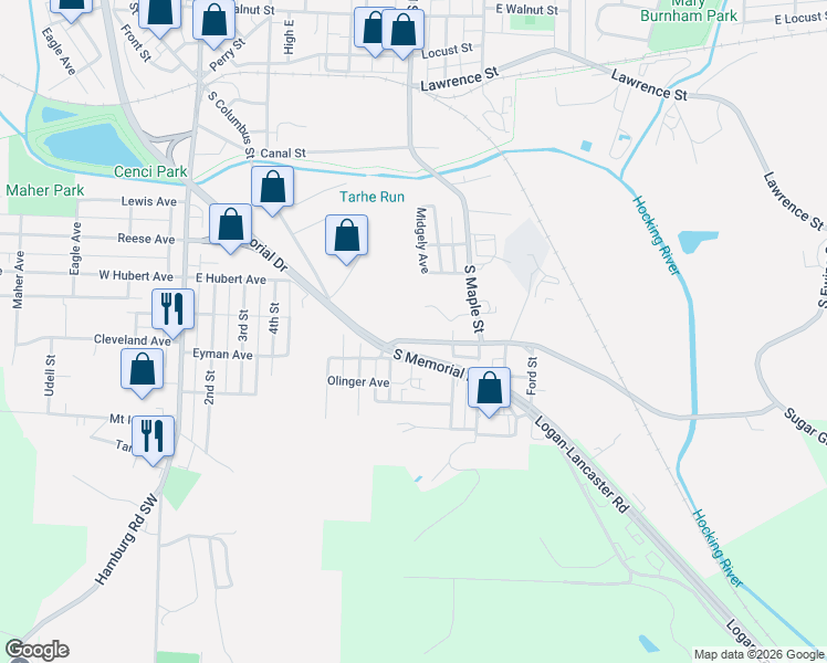 map of restaurants, bars, coffee shops, grocery stores, and more near 941 Sugar Grove Road Southeast in Lancaster
